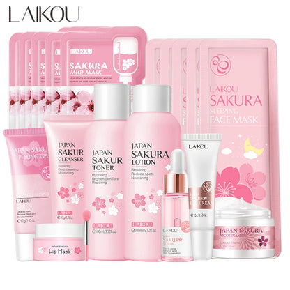 Sakura Facial Cleaner Korean Face Serum Reduce Acne Peeling Gel Moisturize Fade Dark Circles Eye Cream Cosmetics Skin Care Set