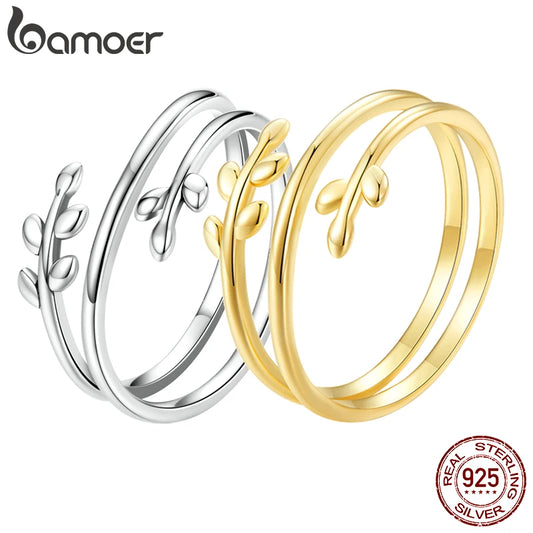 Bamoer 925 Sterling Silver Leaves Adjustable Ring Trendy Multilayer Leaf Open Ring for Women Fashion Jewelry Gift 2 Colors