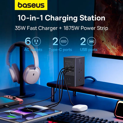 Baseus 35W Fast Charger Digital Power Strip 7-in-1 Charging Station 4000W Rated Power Digital Display For iPhone 15 14 Pro Max