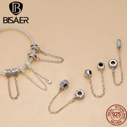 BISAER 925 Sterling Silver Safety Chain Collection Heart Star Charms  Silicone Bead Fit Women Bracelet Fine Jewelry Accessories