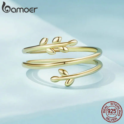Bamoer 925 Sterling Silver Leaves Adjustable Ring Trendy Multilayer Leaf Open Ring for Women Fashion Jewelry Gift 2 Colors