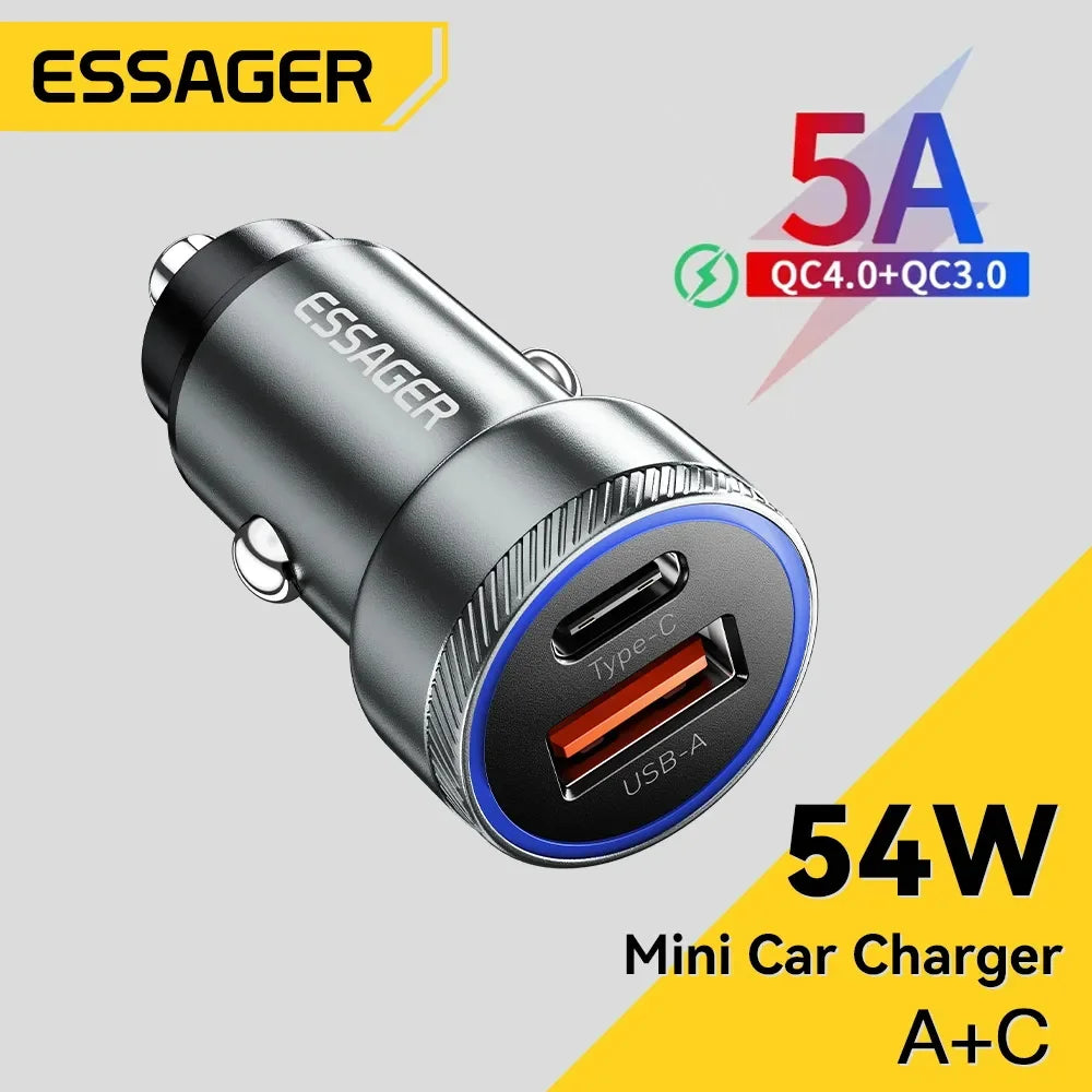 Essager 54W Car Charger 5A Fast Charging Type C Quick Charge 3.0 QC PD 3.0 SCP USB Car Charger For Xiaomi Samsung Iphone Charger