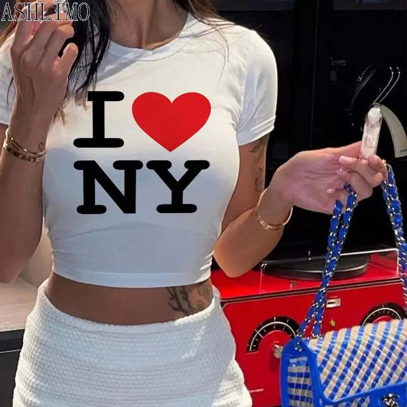 Crop Tops  I love NY  2000s Streetwear Harajuku women T-shirt Short Sleeve Y2K Fashion Letter Print Cute Baby Tees E-girls Slim