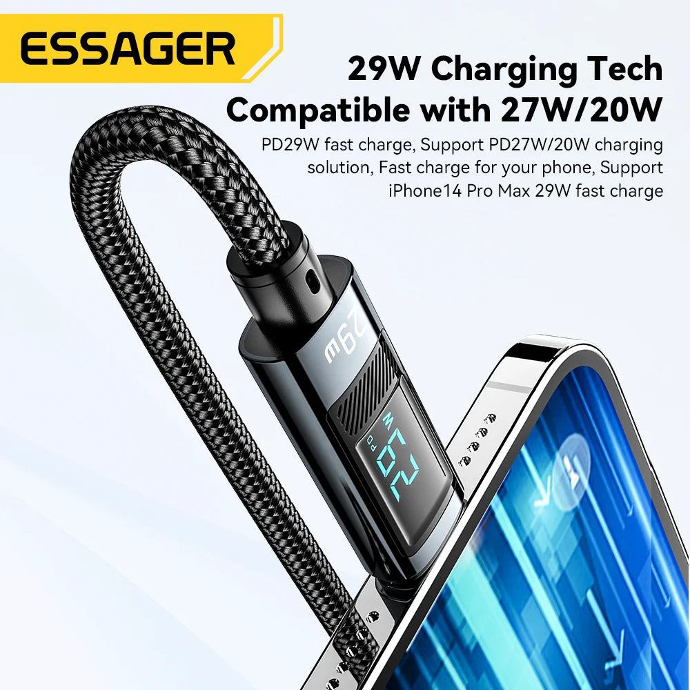 Essager USB Type C Cable for iPhone14 13 12 11 Pro Max PD 29W Fast Charging Wire for iPhone Charger Cable Digital Display Cable