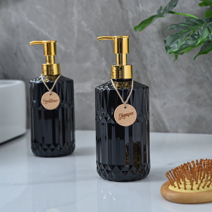 Shampoo Conditioner Body Wash Set with Wooden Tag Pump Refillable Soap Dispenser Bottle Bathroom Shower Lotion Container