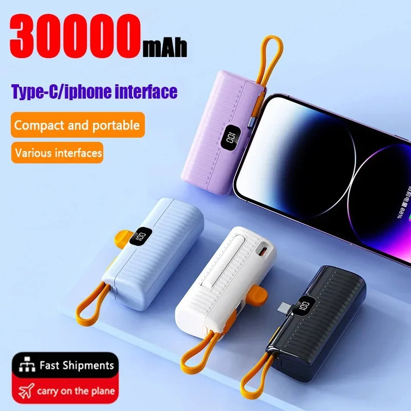 Mini Power Bank 30000mAh Built in Cable PowerBank Digital display External Battery Portable Charger For Samsung iPhone Xiaomi