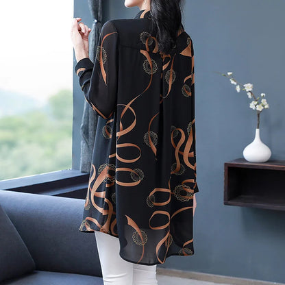 2022 New Summer Soft Comfortable Blouse for Women Lapel Button Up Loose Casual Chiffon Shirt Printed Long Sleeve Midi Cardigan