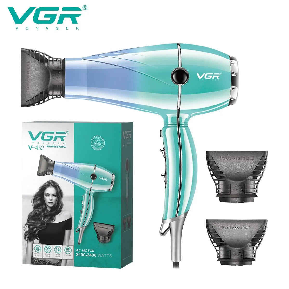 VGR Hair Dryer Professional Hair Dryer 2400W High Power Overheating Protection Strong Wind Drying Hair Care Styling Tool V-452