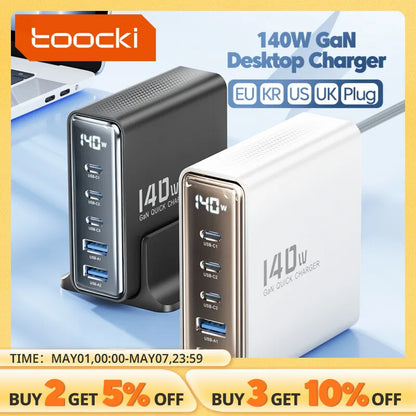 Toocki 140W GaN USB Charger 5in1 Desktop Fast Charge USB Type C Charger LED Display Charger For iPhone Xiaomi Smartphone Laptop