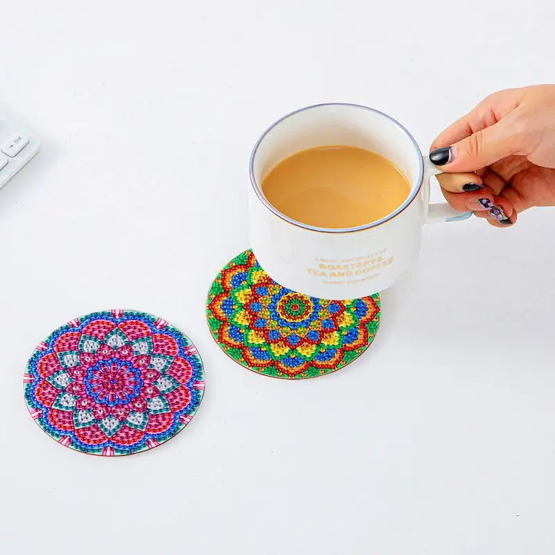 PhotoCustom 6Pcs DIY Diamond Painting Mandala Flowers Coaster Drink Cup Cushion Diamond Embroidery Kit For Kitchen Decor Set